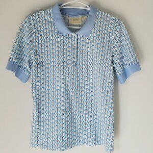 Maeve Anthropologie Butterfly Print Polo Top Size Medium light blue/white